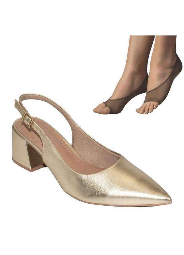Usaflex - Kit Sandália Slingback Usaflex Salto Bloco Feminina e Meias Dourado