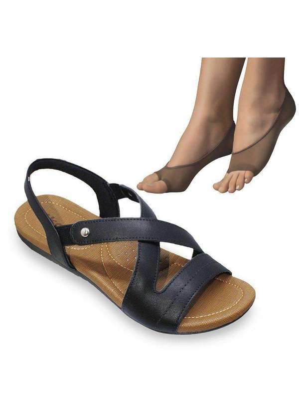 Usaflex - Kit Sandália Usaflex Couro Feminina e 2 pares de Meias - Preto