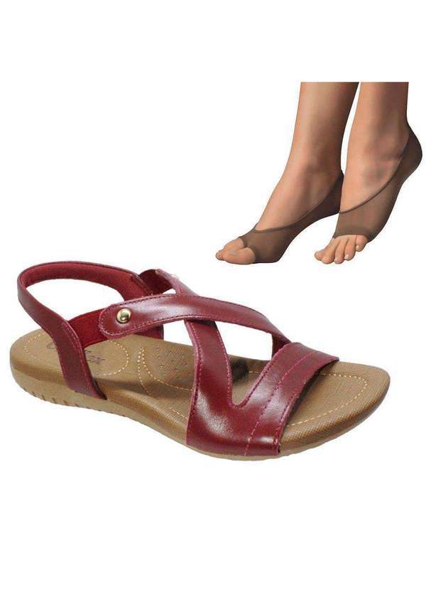 Usaflex - Kit Sandália Usaflex Rasteira Feminina e 2 pares de Meias - Vermelho