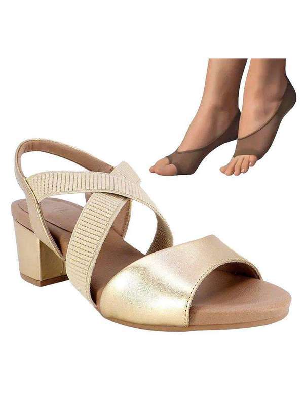 Usaflex - Kit Sandália Usaflex Salto Bloco Feminina e 2 pares de Meias Dourado