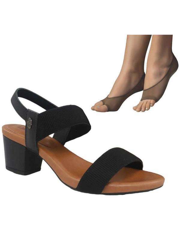 Usaflex - Kit Sandália Usaflex Salto Bloco Feminina e 2 pares de Meias - Preto