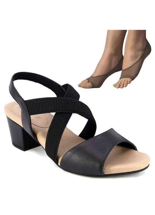 Usaflex - Kit Sandália Usaflex Salto Bloco Feminina e 2 pares de Meias Preto