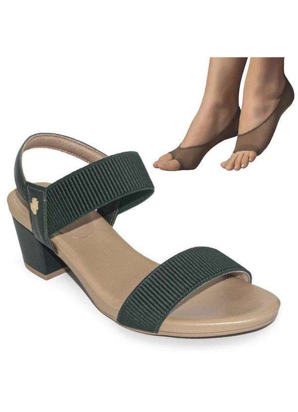 Usaflex - Kit Sandália Usaflex Salto Bloco Feminina e 2 pares de Meias - Verde