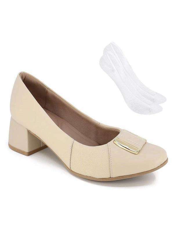 Usaflex - Kit Scarpin Usaflex Joanete Salto Bloco Feminino e par de Meia Bege