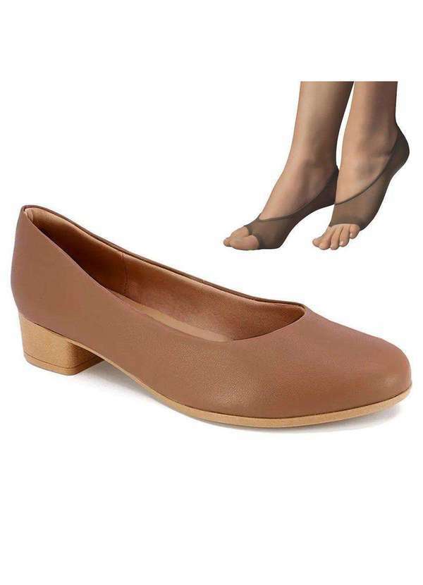 Usaflex - Kit Scarpin Usaflex Salto Médio Feminino e par de Meia - Bege