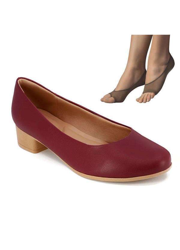 Usaflex - Kit Scarpin Usaflex Salto Médio Feminino e par de Meia - Vermelho