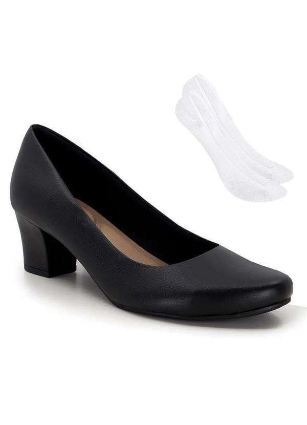 Usaflex - Kit Scarpin Usaflex Valise Salto Bloco Feminino e par de Meia Preto