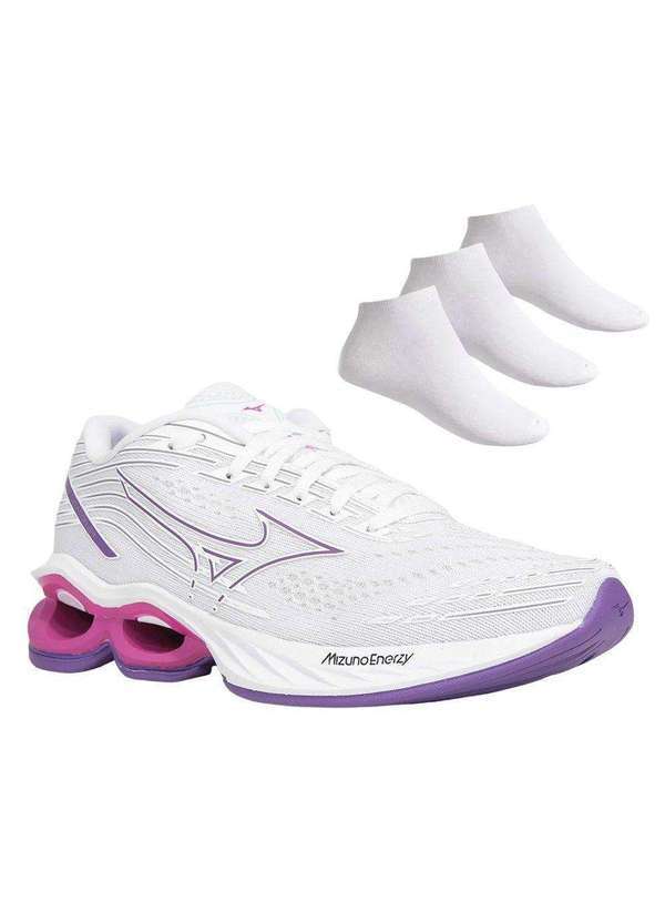 Mizuno - Kit Tênis Mizuno Wave Creation 24 Feminino e 3 pares de Meias Branco