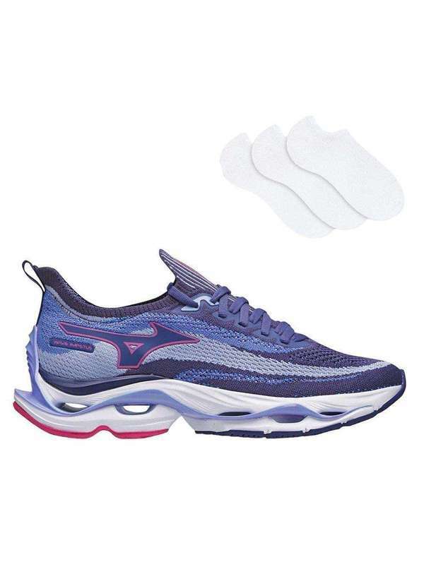 Mizuno - Kit Tênis Mizuno Wave Impetus Feminino e par de Meia Azul