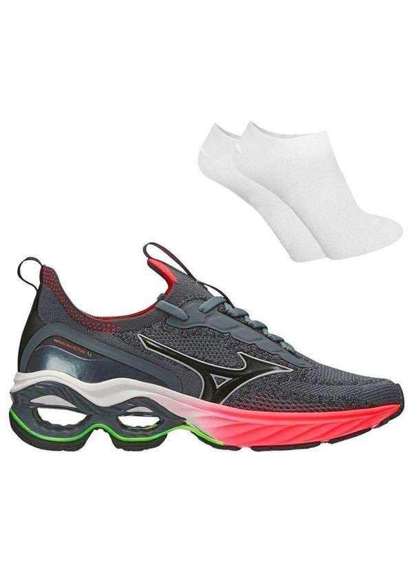 Mizuno - Kit Tênis Mizuno Wave Invictus 4 Feminino e par de Meia Cinza