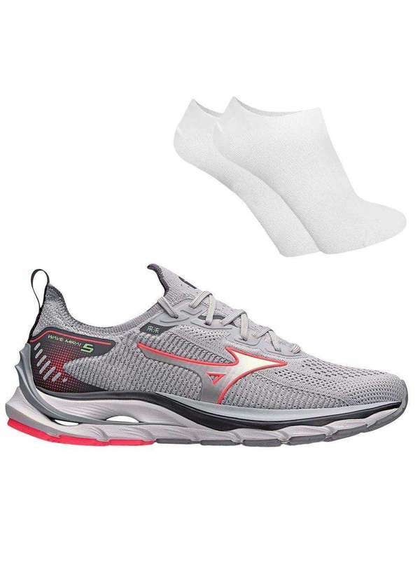 Mizuno - Kit Tênis Mizuno Wave Mirai 5 Feminino e par de Meia Cinza
