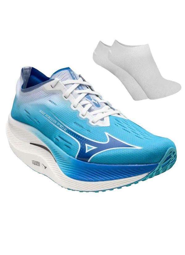 Mizuno - Kit Tênis Mizuno Wave Rebellion Pro 2 Feminino e par de Meia Azul