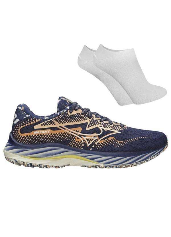 Mizuno - Kit Tênis Mizuno Wave Rider 27 Roxy Feminino e par de Meia Azul