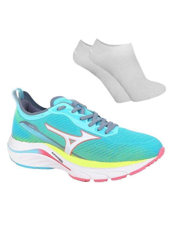 Mizuno - Kit Tênis Mizuno Wave Superfast Feminino e par de Meia Azul