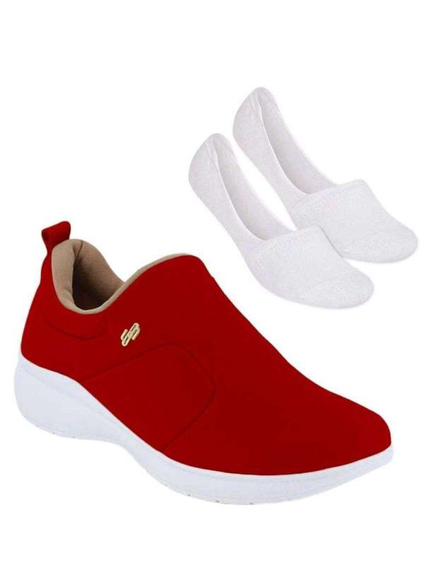 Usaflex Kit Tênis Usaflex Slip On Elastano Feminino e par de Meia  Vermelho - Main Image
