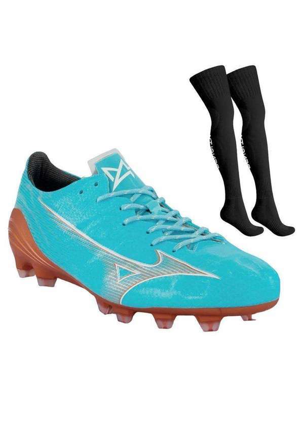 Mizuno - Kit Chuteira Campo Mizuno Alpha Elite e par de Meião Azul