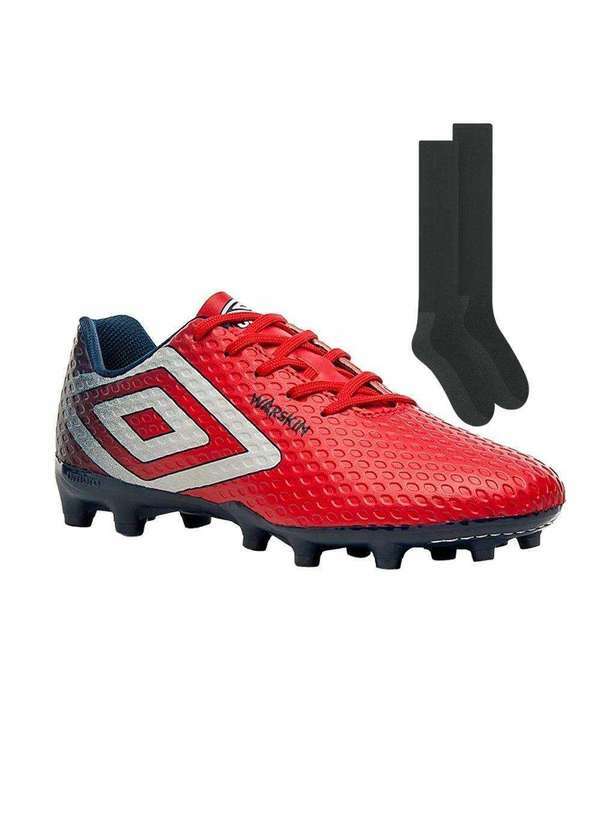 Umbro - Kit Chuteira Campo Umbro Warskin e par de Meião Vermelho