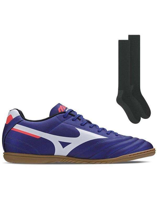 Mizuno - Kit Chuteira Futsal Mizuno Morelia Club e par de Meião Azul