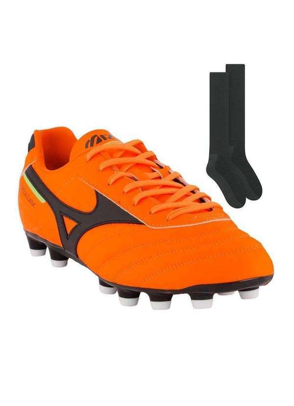 Mizuno - Kit Chuteira Mizuno Morelia Classic Md e par de Meião Laranja