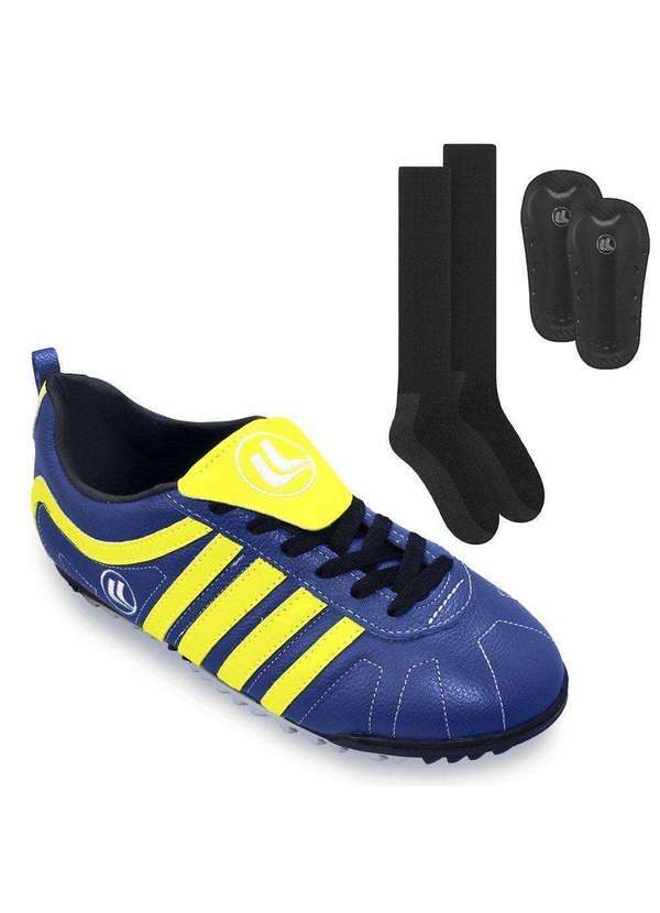 Esporte Legal - Kit Chuteira Society Esporte Legal Vulcano e Caneleira e Meião Azul
