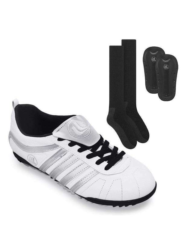 Esporte Legal - Kit Chuteira Society Esporte Legal Vulcano e Caneleira e Meião Branco