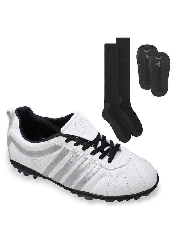 Esporte Legal - Kit Chuteira Society Esporte Legal Vulcano e Caneleira e Meião Branco