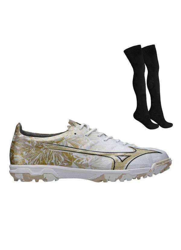 Mizuno - Kit Chuteira Society Mizuno Alpha Elite e par de Meião Branco