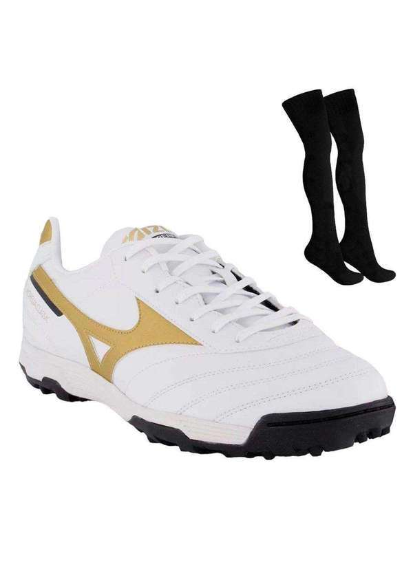 Mizuno - Kit Chuteira Society Mizuno Morelia Classic e par de Meião Branco