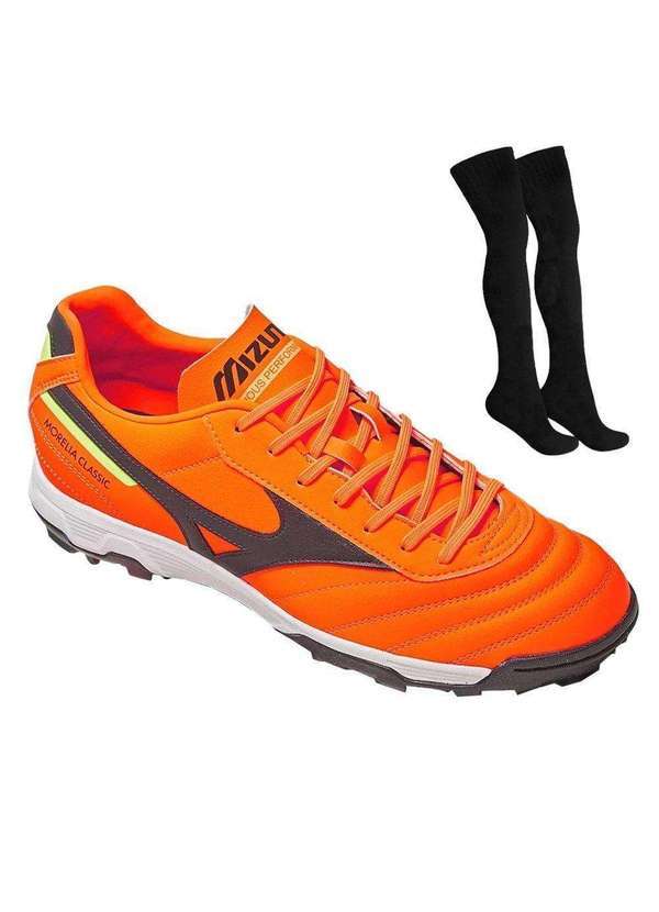 Mizuno - Kit Chuteira Society Mizuno Morelia Classic e par de Meião Laranja