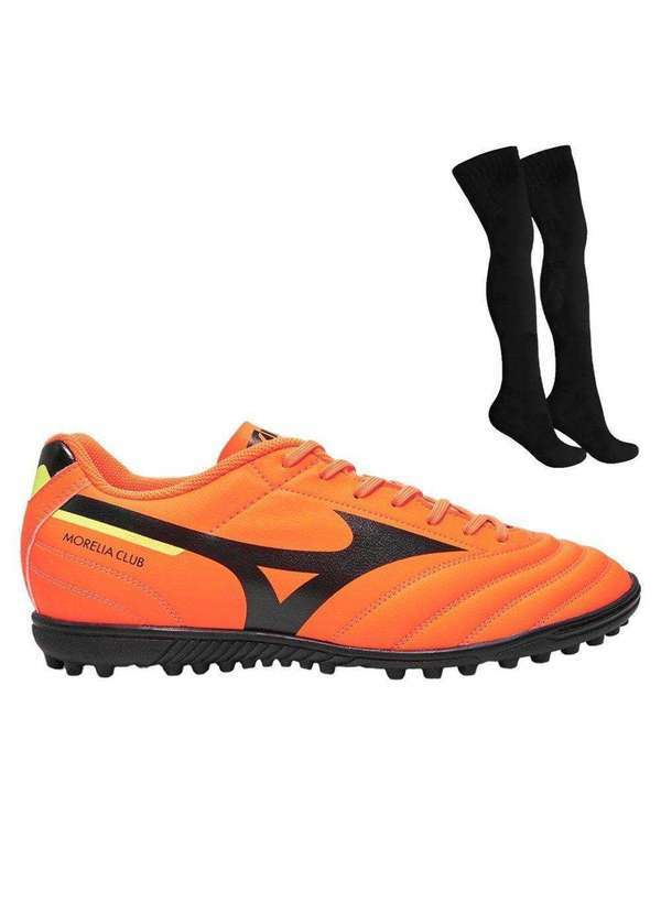 Mizuno - Kit Chuteira Society Mizuno Morelia Club as e par de Meião Laranja