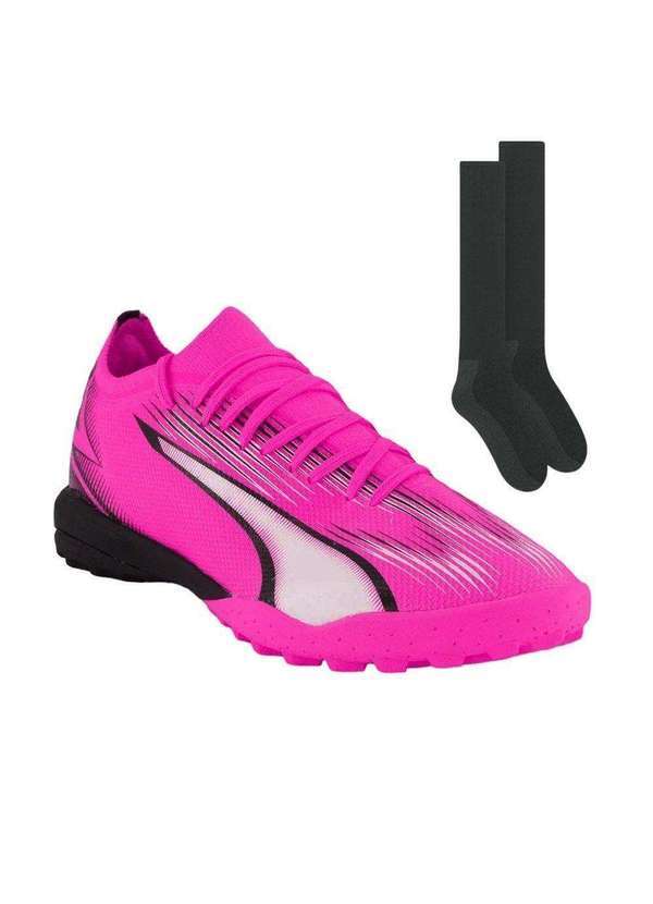Puma - Kit Chuteira Society Puma Ultra Match e par de Meião Rosa
