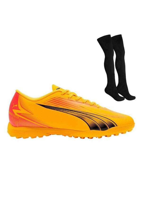 Puma - Kit Chuteira Society Puma Ultra Play e par de Meião Laranja