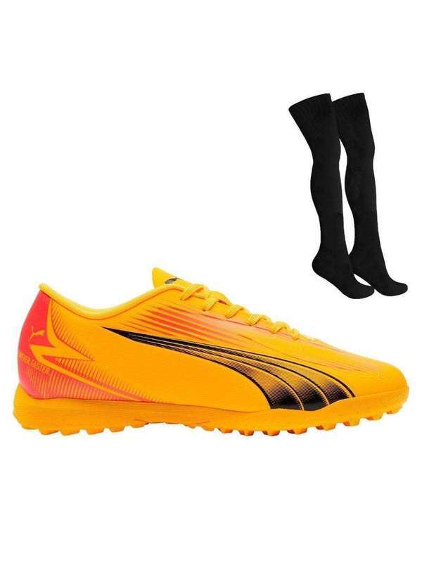 Puma - Kit Chuteira Society Puma Ultra Play Tt Infantil e par de Meião Laranja