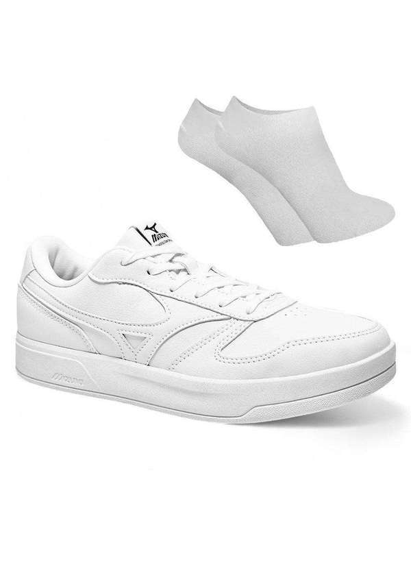 Mizuno - Kit Tênis Mizuno Street Wind Unissex e par de Meia Branco