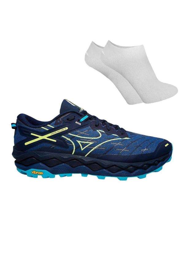 Mizuno - Kit Tênis Mizuno Trail Mujin 10 Masculino e par de Meia Azul