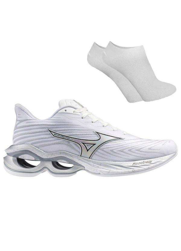 Mizuno - Kit Tênis Mizuno Wave Creation 25 Masculino e par de Meia Branco