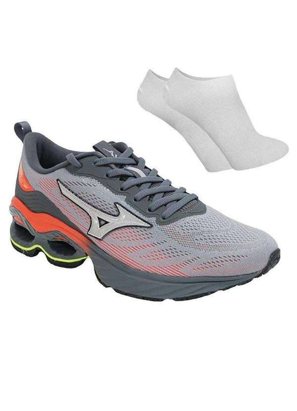 Mizuno - Kit Tênis Mizuno Wave Frontier 15 Masculino e par de Meia Cinza