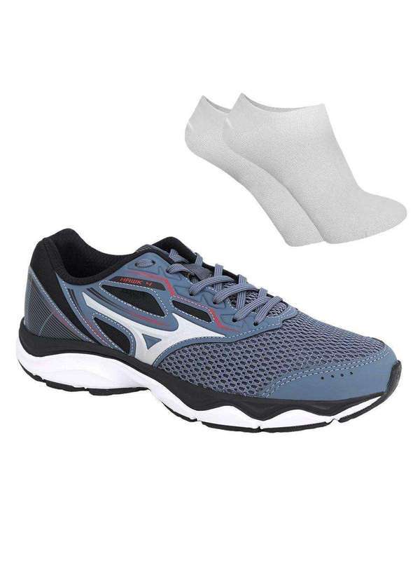 Mizuno - Kit Tênis Mizuno Wave Hawk 4 Masculino e par de Meia Cinza