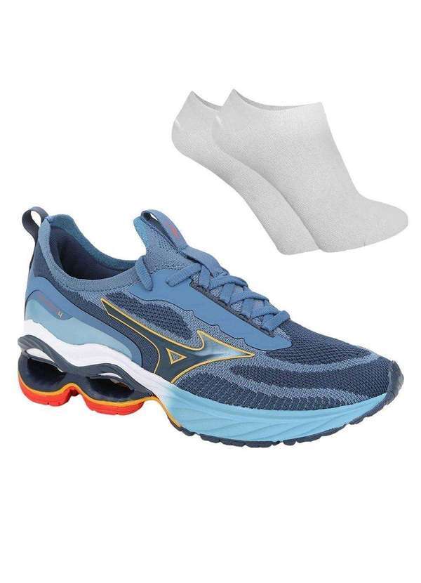 Mizuno - Kit Tênis Mizuno Wave Invictus 4 Masculino e par de Meia Azul