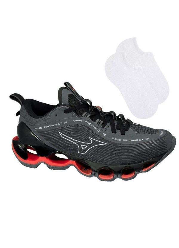 Mizuno - Kit Tênis Mizuno Wave Prophecy 13 Masculino e par de Meia Cinza