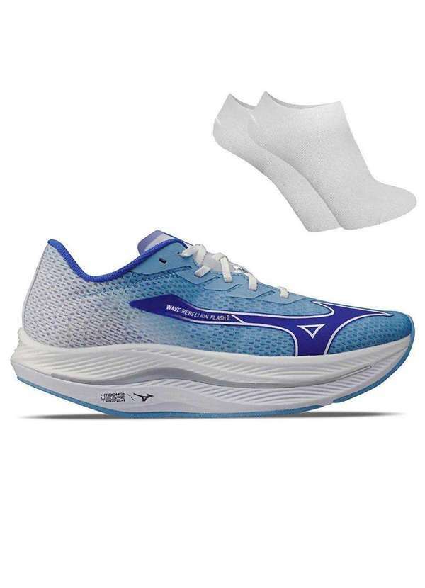 Mizuno - Kit Tênis Mizuno Wave Rebellion Flash 2 Masculino e par de Meia Azul