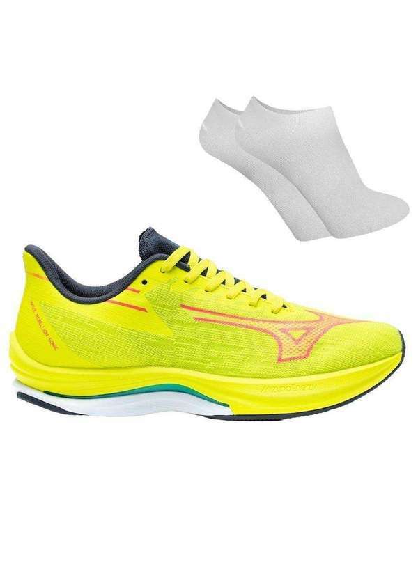 Mizuno - Kit Tênis Mizuno Wave Rebellion Sonic Masculino e par de Meia Amarelo