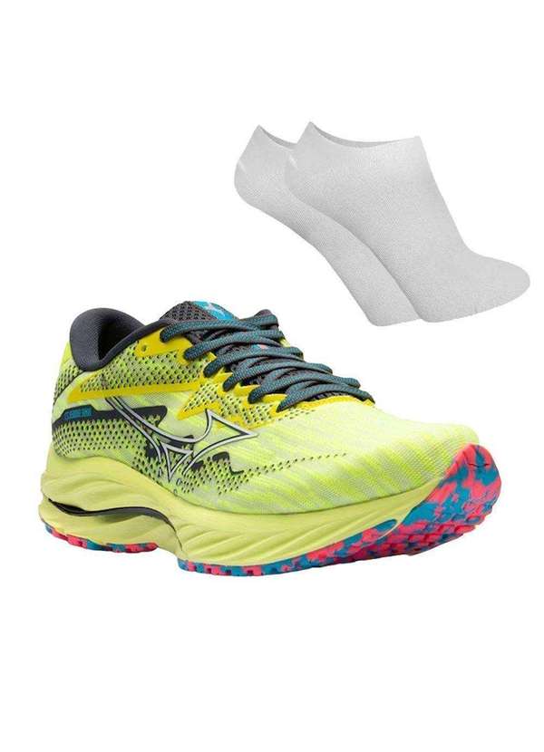 Kit Tenis Mizuno Wave Rider 27 Masculino e par de Meia Amarelo Esporte Legal