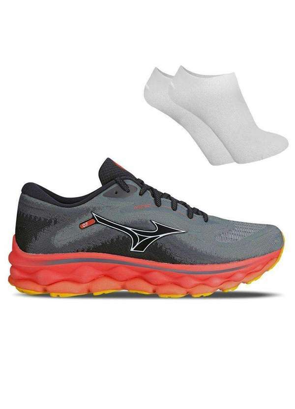 Mizuno - Kit Tênis Mizuno Wave Sky 7 Masculino e par de Meia Cinza