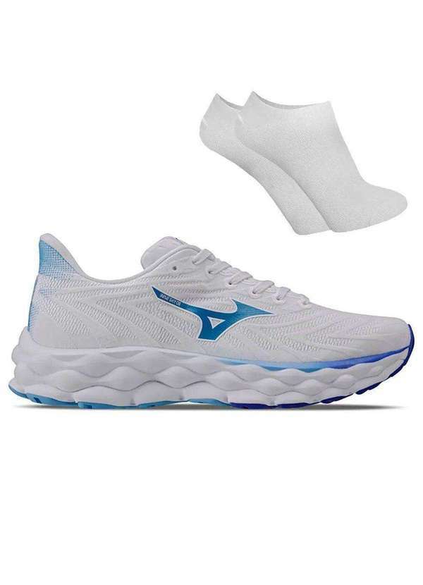 Mizuno - Kit Tênis Mizuno Wave Sky 8 Feminino e par de Meia Branco