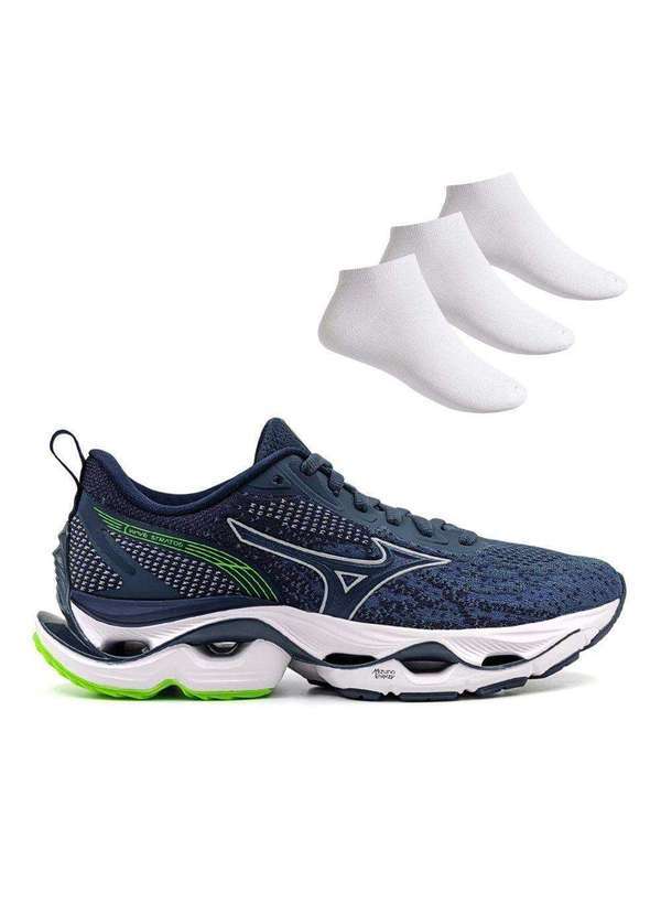 Mizuno - Kit Tênis Mizuno Wave Stratos Masculino e 3 pares de Meias Azul