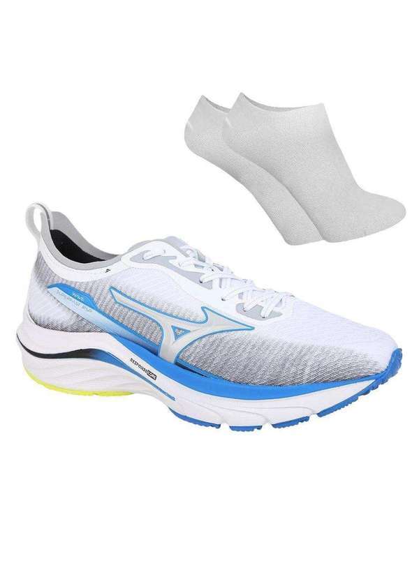 Mizuno - Kit Tênis Mizuno Wave Superfast Masculino e par de Meia Branco