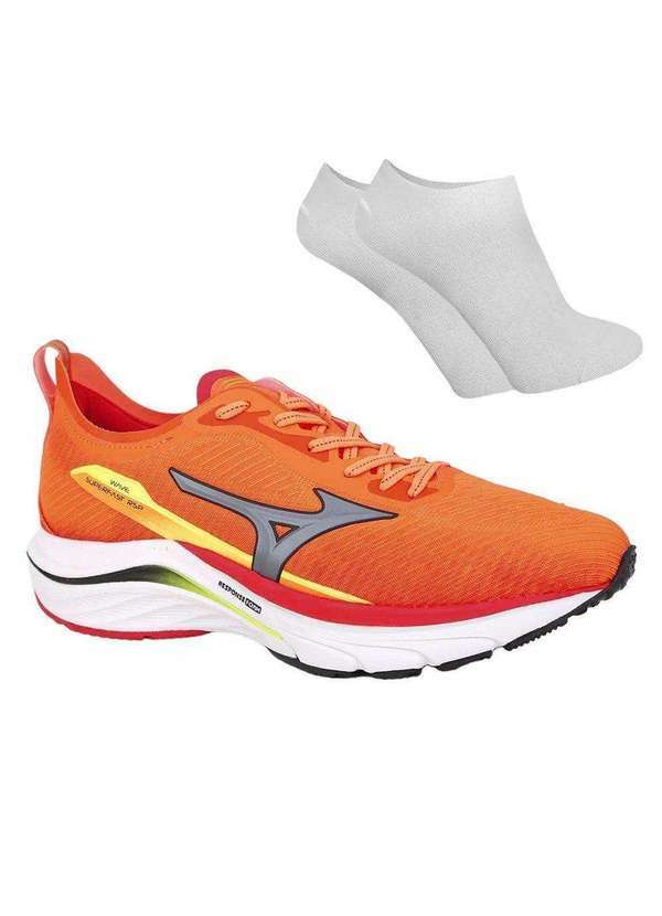 Mizuno - Kit Tênis Mizuno Wave Superfast Masculino e par de Meia Laranja