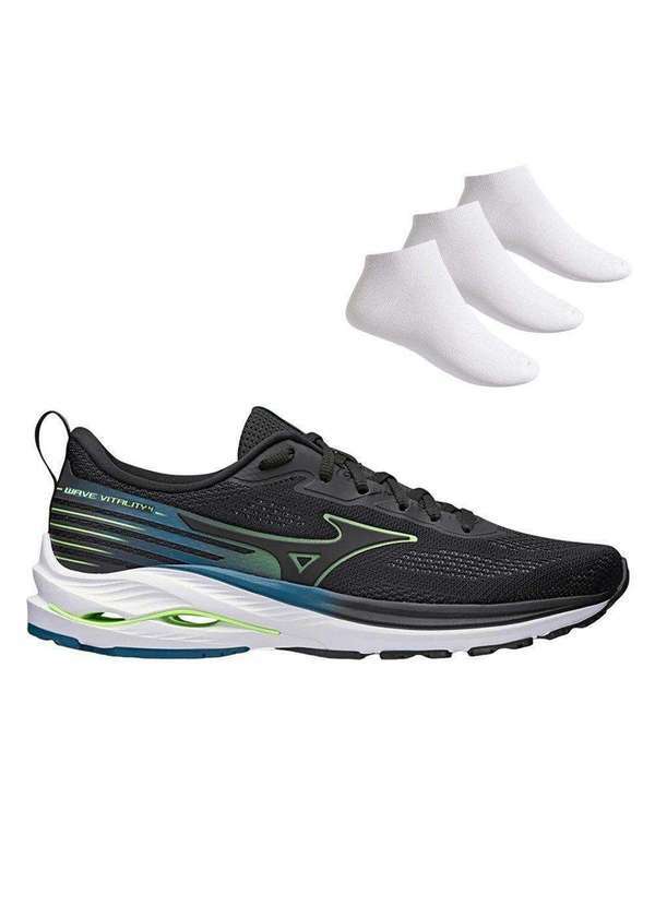 Mizuno - Kit Tênis Mizuno Wave Vitality 4 Masculino e 3 pares de Meias Preto