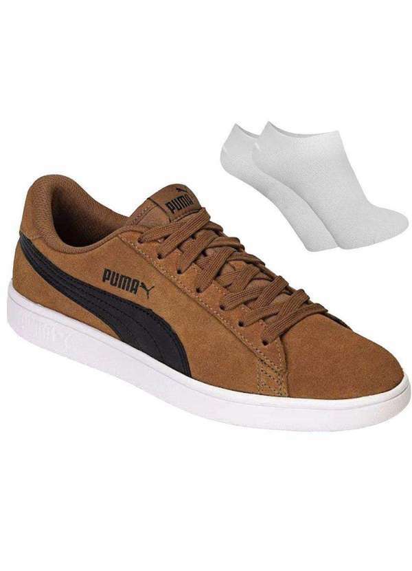 Puma - Kit Tênis Puma Smash V2 Unissex e par de Meia Marrom